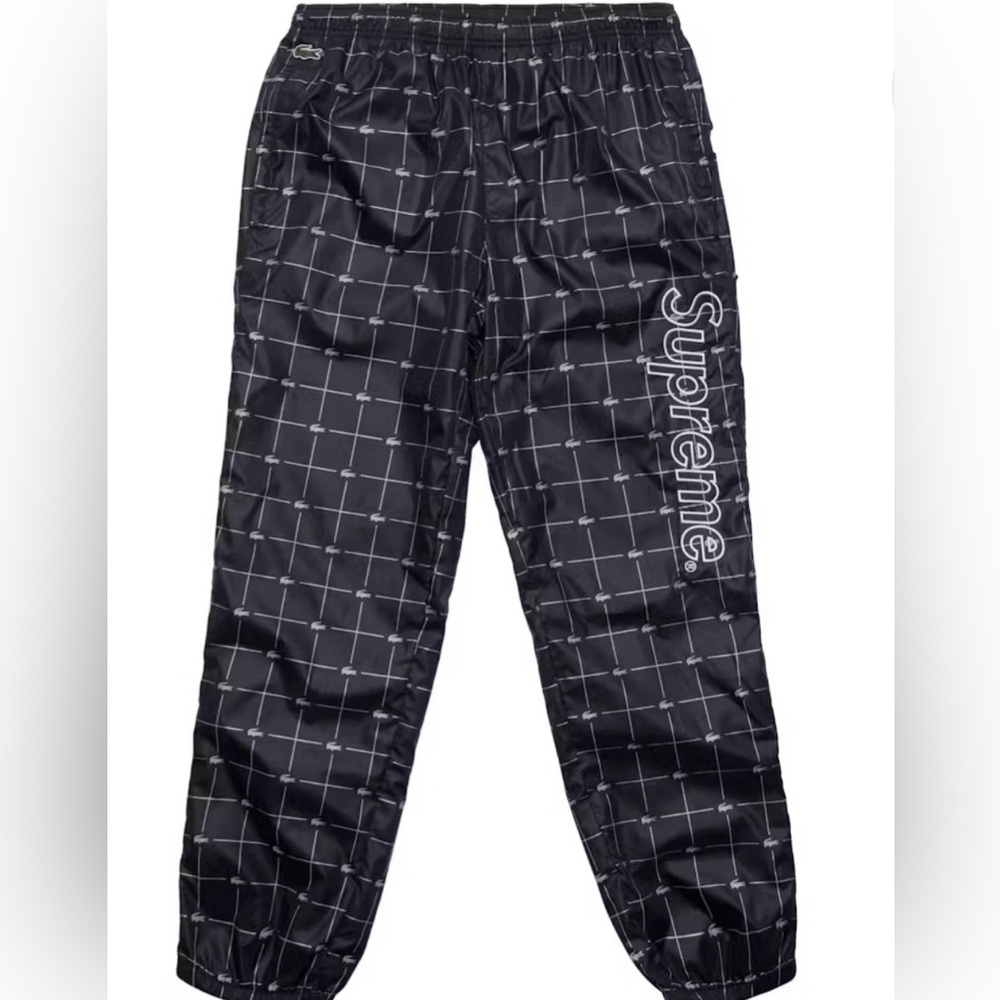 Supreme LACOSTE Reflective Grid Nylon Track Pant Black 2018SS Size L Authentic